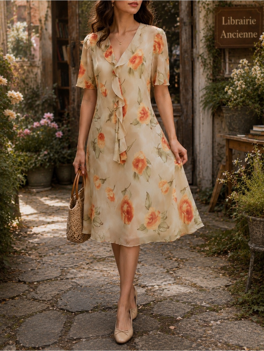 Linda Lundström Vintage Floral Print Sheer Women's Dress with Slip M/L